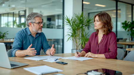 A professional scene featuring two colleagues engaged in a business discussion at a wooden table in a modern office setting. The man gestures expressively while speaking, and the woman attentively takes notes on a notepad. Surrounding them are work essentials including a laptop, smartphone, and documents. The background showcases large windows, glass partitions, and lush green plants, creating a bright and contemporary workspace. Ideal for themes related to corporate communication, teamwork, leadership, and modern office environments.の素材