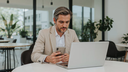 A professionally dressed man in a beige suit and white shirt works at a round table in a modern office or coworking space. He is engaged with both a silver laptop and a smartphone, highlighting multitasking and digital productivity. The background features large glass windows, lush indoor plants, and additional seating, creating a clean and contemporary business environment. Ideal for themes related to remote work, professional lifestyle, office technology, and modern workplace culture.の素材