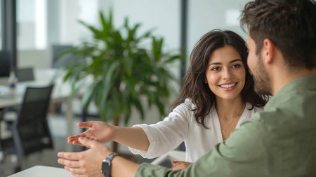 A candid moment of friendly interaction between two colleagues in a modern office setting. The woman, dressed in a white blouse, smiles warmly while extending her hand toward the man in a green shirt, suggesting a collaborative or welcoming gesture. The background features office chairs, desks, and a large green plant, contributing to a professional yet inviting atmosphere. Ideal for themes related to workplace communication, team dynamics, corporate culture, and professional engagement.の素材