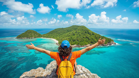 A vibrant travel scene featuring a person standing on a rocky cliff with arms outstretched, overlooking a lush tropical island surrounded by turquoise waters. Dressed in an orange shirt, blue cap, and yellow backpack, the individual embodies the spirit of adventure and appreciation for nature. The backdrop includes dense greenery, sandy beaches, and a bright blue sky with scattered clouds, creating a breathtaking and inspiring view. Ideal for themes related to travel, exploration, outdoor lifestyle, and scenic destinations.の素材