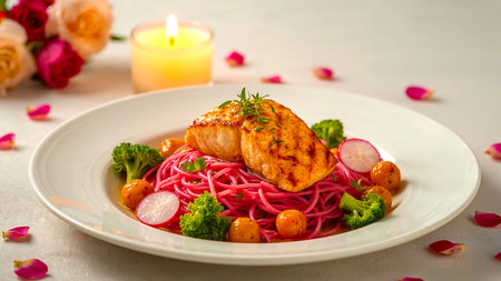 A beautifully styled gourmet dish featuring grilled salmon atop vibrant pink spaghetti, garnished with golden cherry tomatoes, radish slices, and broccoli florets. The plate is surrounded by rose petals, with a lit candle and bouquet of roses in the background, creating a romantic and elegant dining atmosphere. Ideal for themes related to fine dining, culinary artistry, romantic meals, and upscale food photography.の素材