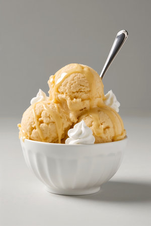 A deliciously styled dessert featuring three scoops of vanilla ice cream topped with caramel syrup and surrounded by dollops of whipped cream, served in a white bowl with a silver spoon. Set against a neutral gray background, the image highlights the creamy texture and classic appeal of this indulgent treat. Ideal for themes related to dessert photography, food styling, menu design, and sweet cravings.の素材