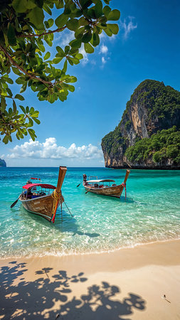 A serene tropical beach scene featuring two traditional long-tail boats gently floating in crystal-clear turquoise water near the shore. The soft white sand is shaded by overhead green leaves, while a dramatic limestone cliff covered in lush vegetation rises in the background. The bright blue sky with scattered clouds enhances the idyllic atmosphere, making this image perfect for themes related to travel, nature, tropical destinations, and coastal exploration.の素材