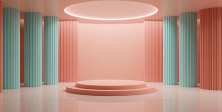 A visually striking modern interior featuring a symmetrical layout with a circular raised platform beneath a glowing ceiling light. The space is defined by alternating pastel pink and teal walls and columns, a glossy reflective floor, and geometric precision. Ideal for themes related to architecture, design, exhibitions, and futuristic environments.の素材