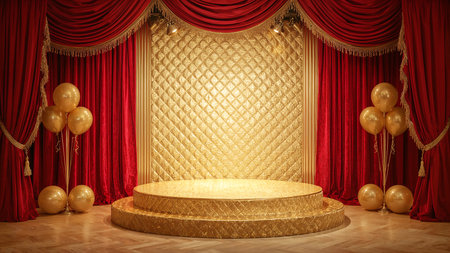 An opulent stage setup featuring a circular gold platform with a quilted diamond-pattern backdrop illuminated by overhead spotlights. Rich red velvet curtains with gold tassels frame the scene, while clusters of gold balloons add a festive touch. The herringbone wood flooring enhances the luxurious aesthetic, making this image ideal for themes related to award ceremonies, theatrical performances, upscale events, and premium interior design.の素材