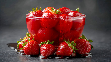 A visually rich image showcasing fresh strawberries coated in glossy red syrup, arranged in a clear glass bowl on a dark surface. Additional berries are scattered around, with syrup pooling at the base, enhancing the vibrant red tones and juicy texture. Ideal for themes related to dessert styling, gourmet fruit, food photography, and romantic culinary presentations.の素材