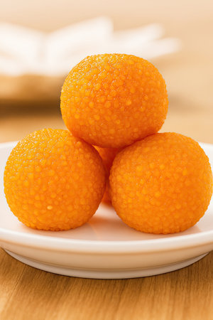 A vibrant image featuring three orange motichoor ladoos arranged in a triangular stack on a white plate. The textured surface and softly blurred background emphasize the festive charm and cultural richness of this traditional Indian dessert, ideal for themes related to celebrations, cuisine, and editorial food photography.の素材