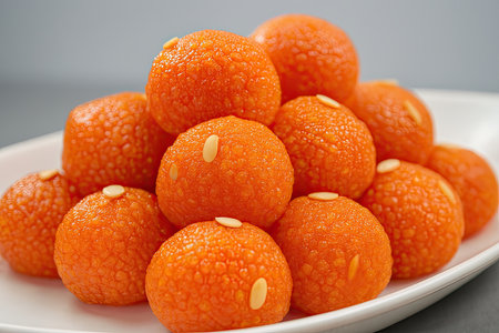 A visually appealing image featuring a pyramid stack of orange motichoor ladoos arranged on a white plate, garnished with almond and melon seeds. The neutral background enhances the vibrant color and texture of the sweets, making it ideal for themes related to Indian cuisine, festivals, and editorial food photography.の素材
