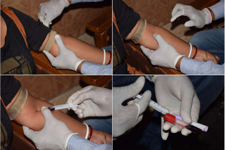 Showing in Chronological order the process of blood sample collection by medical assistantの写真素材
