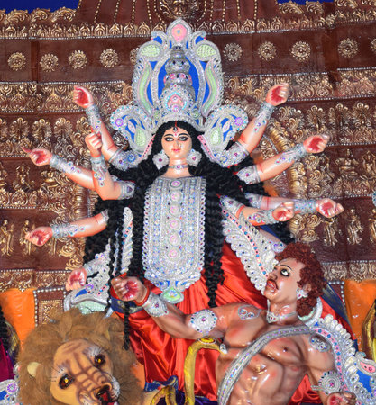 Close up of goddess Durga during Durga puja festival in Kolkata, Indiaのeditorial素材