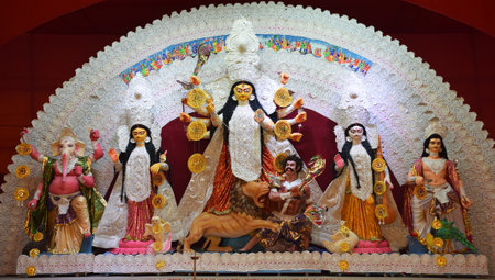 Beautiful statue or idol of Goddess Durga along with other Hindu god at a pandal in India during Durga Puja Festivalのeditorial素材