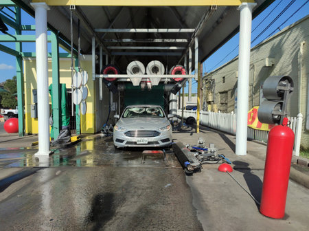 Car washing in progress at an automated car wash centre in Texasのeditorial素材