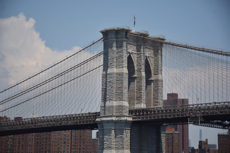 Closeup view of famous Brooklyn Bridge in New York Cityの写真素材