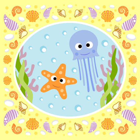 Sea background card with jellyfish and starfishのイラスト素材
