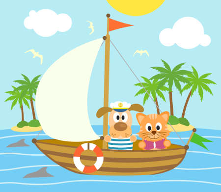 Summer background with funny  dog and cat on boatのイラスト素材