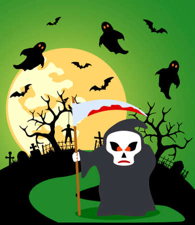 Halloween background with Scytheman and full moonのイラスト素材