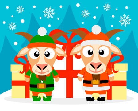 Happy New Year card with goat santa claus and goat elf vectorのイラスト素材