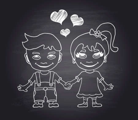 Vector hand draw loving  boy and girl on black chalkboard eps.10のイラスト素材
