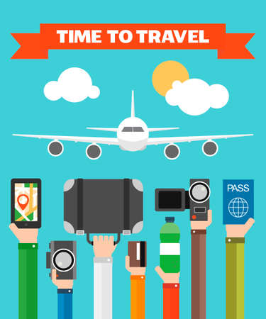 Time to Travel Flat background with hand .Vector illustrationのイラスト素材