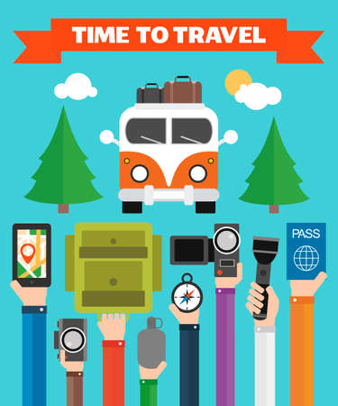 Time to Travel modern Flat background with hand .Vector illustrationのイラスト素材