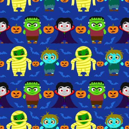 Seamless Halloween background with kids in Halloween costume .Vector illustrationのイラスト素材