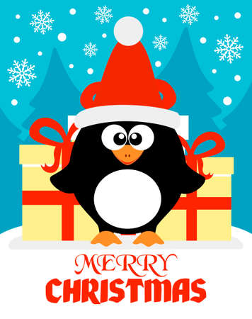 Merry Christmas card with penguin.Vector illustrationのイラスト素材