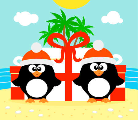 Tropical Christmas background with two penguins.Vector illustrationのイラスト素材