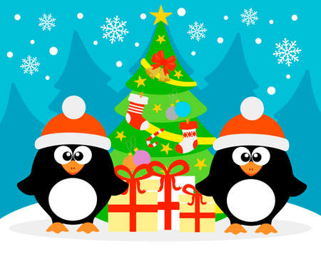 Happy New Year card with two funny penguins.のイラスト素材