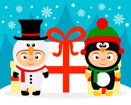 New Year card with kids in costume snowman and penguin.Vector illustrationのイラスト素材