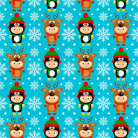 New Year seamless with kids in costume deer and penguin.Vector illustrationのイラスト素材