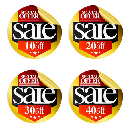 Gold sale stickers with red ribbon 10,20,30,40 percent off.Vector illustrationのイラスト素材