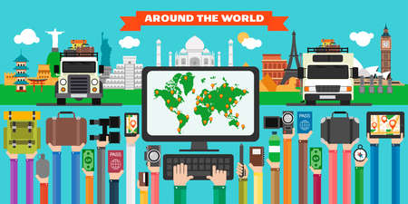 Travel design flat around the world,with SUV and camper, trailer.Vector illustrationのイラスト素材