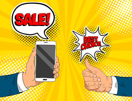 Pop Art sale, best choice with two hands.Vector illustrationのイラスト素材