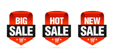 Red set of sale badges big, hot, new off with shopping cart. Vector illustrationのイラスト素材