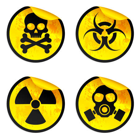Danger yellow stickers set. Radiation warning sign, biohazard warning sign, gas mask warning sign, toxic warning sign. Vector illustrationのイラスト素材