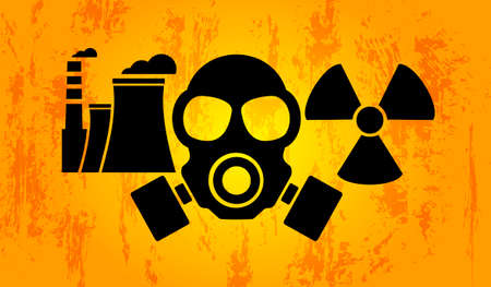Nuclear power plant factory icon, radioactive icon, hazard symbol, gas mask. Vector illustrationのイラスト素材
