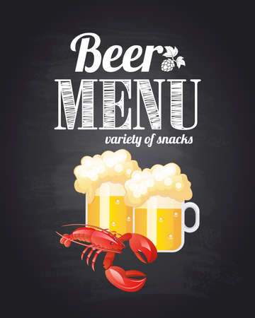 Beer menu. Variety of snacks. Chalkboard background. Vector illustrationのイラスト素材
