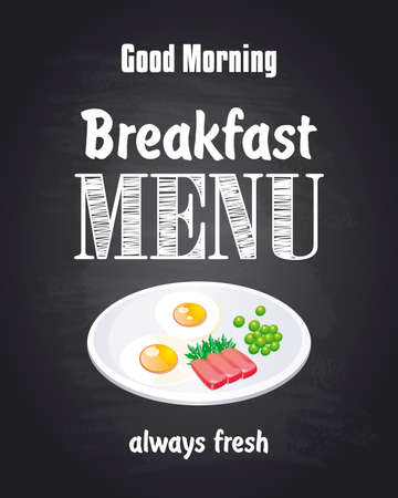 Good morning, breakfast menu. Always fresh. Chalkboard background. Vector illustrationのイラスト素材