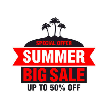 Special offer, summer big sale banner, poster design with 50 discount. Black island with palm trees symbol and red ribbon. Vector illustrationのイラスト素材