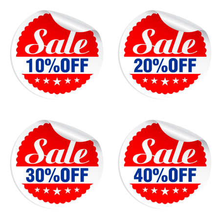 Discounts sale stickers set 10%, 20%, 30%, 40% off with stars. Vector illustrationのイラスト素材
