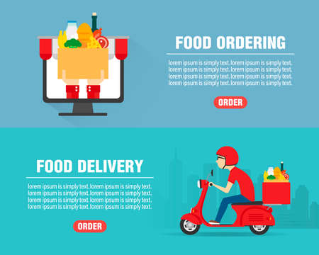 Food ordering concept design flat banners set. Food Delivery man ride scooter motorcycle. Food icon. Vector illustrationのイラスト素材