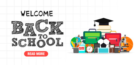 Back to school concept design flat banner. Welcome back to school. School icon. Vector illustrationのイラスト素材