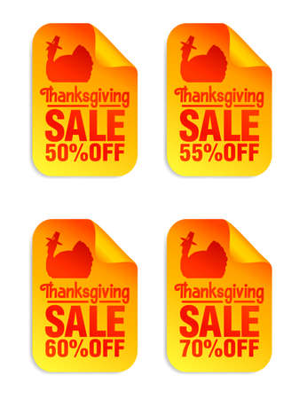 Thanksgiving sale orange stickers set 50%, 55%, 60%, 70% off, turkey with pilgrim hat. Vector illustrationのイラスト素材