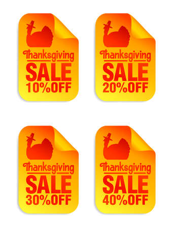Thanksgiving sale orange stickers set 10%, 20%, 30%, 40% off, turkey with pilgrim hat. Vector illustrationのイラスト素材