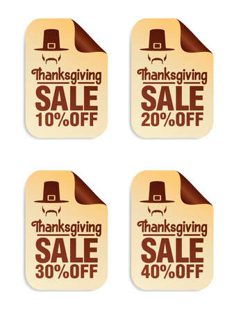 Thanksgiving sale stickers set 10%, 20%, 30%, 40% off with pilgrim icon. Vector illustrationのイラスト素材
