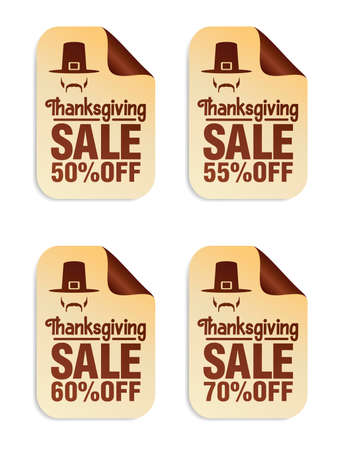 Thanksgiving sale stickers set 50%, 55%, 60%, 70% off with pilgrim icon. Vector illustrationのイラスト素材