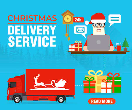 Christmas delivery service concept design flat with delivery truck. Santa Claus sends gifts. Vector illustrationのイラスト素材