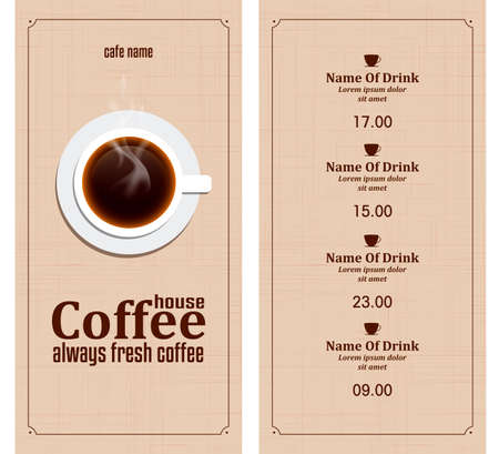 Coffee House menu with a cup. Always fresh coffee. Cafe design menu retro line texture background. Vector illustrationのイラスト素材