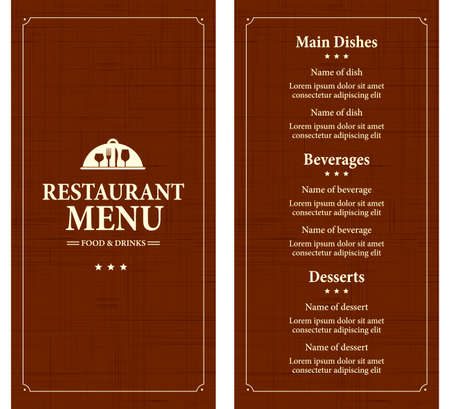 Restaurant menu food and drinks on a retro style. Menu template on a brown background. Vector illustrationのイラスト素材