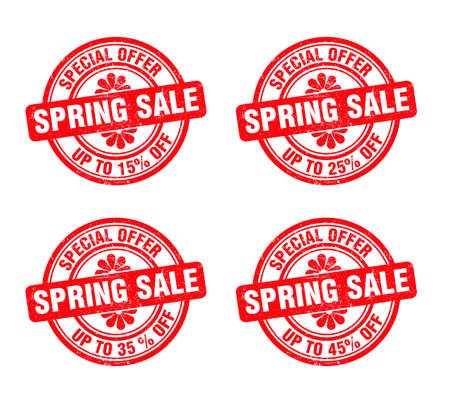 Spring sale grunge stamp sign set. Sale up to 15, 25, 35, 45 percent off. vector illustrationのイラスト素材